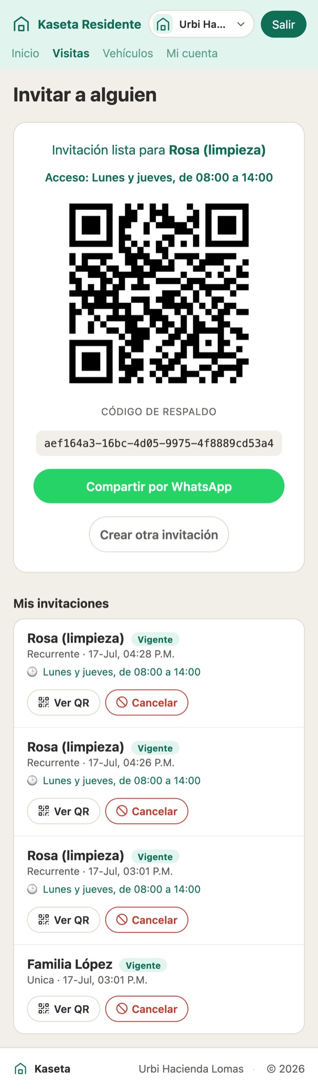 Invitación con código QR y horario permitido